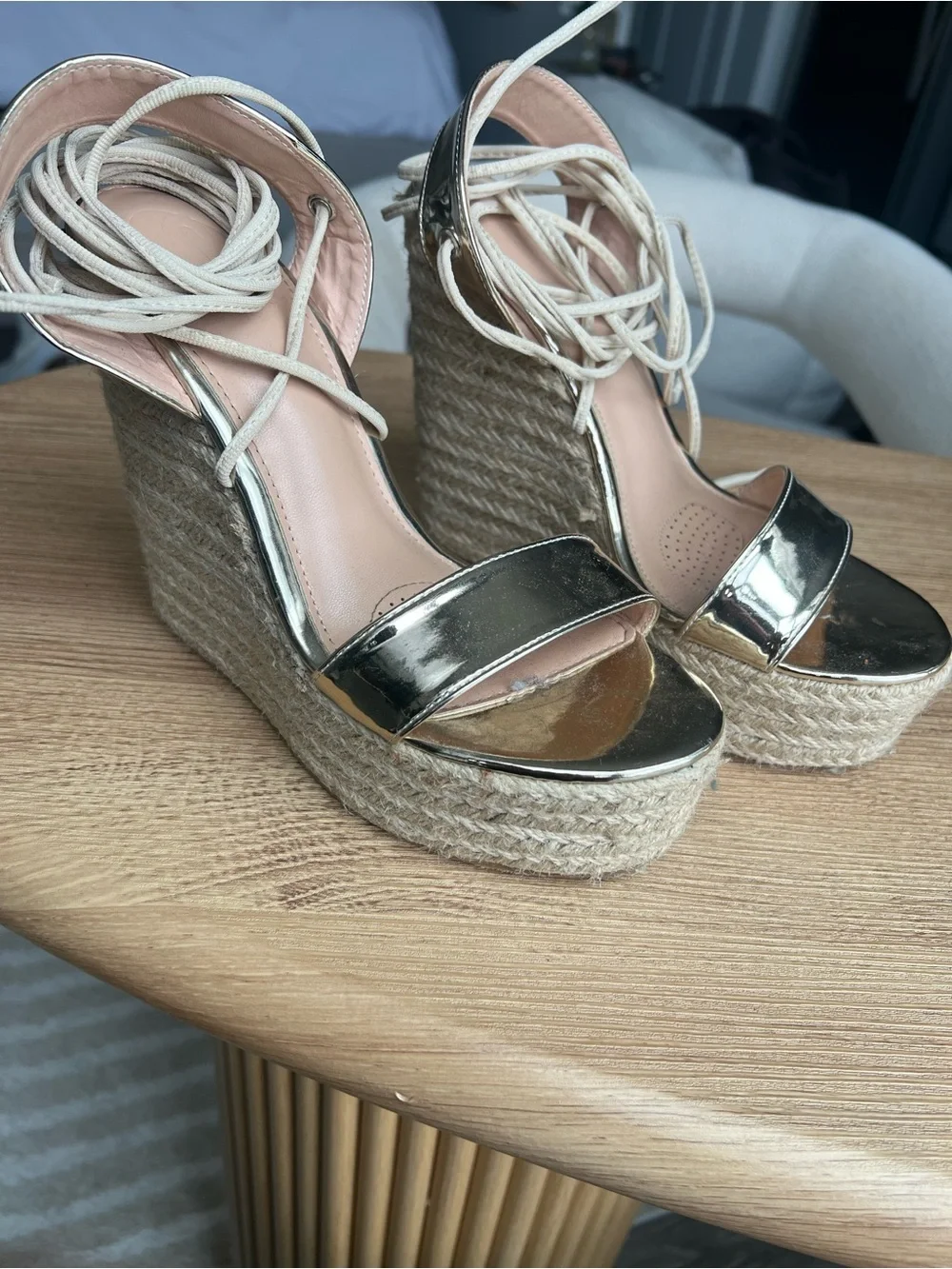 Zara Metallic Gold Espadrille Wedge Sandals with Cream Ankle Tie
